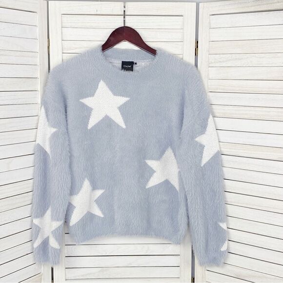 Cliche Stars Fuzzy Crop Pullover Sweater Blue White Medium - Picture 8 of 13